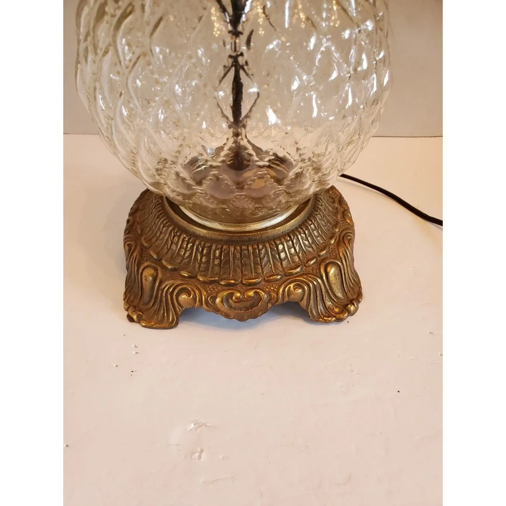 Beautiful Vintage Mid Century Clear Optical Glass, Brass & Wood Table Lamp